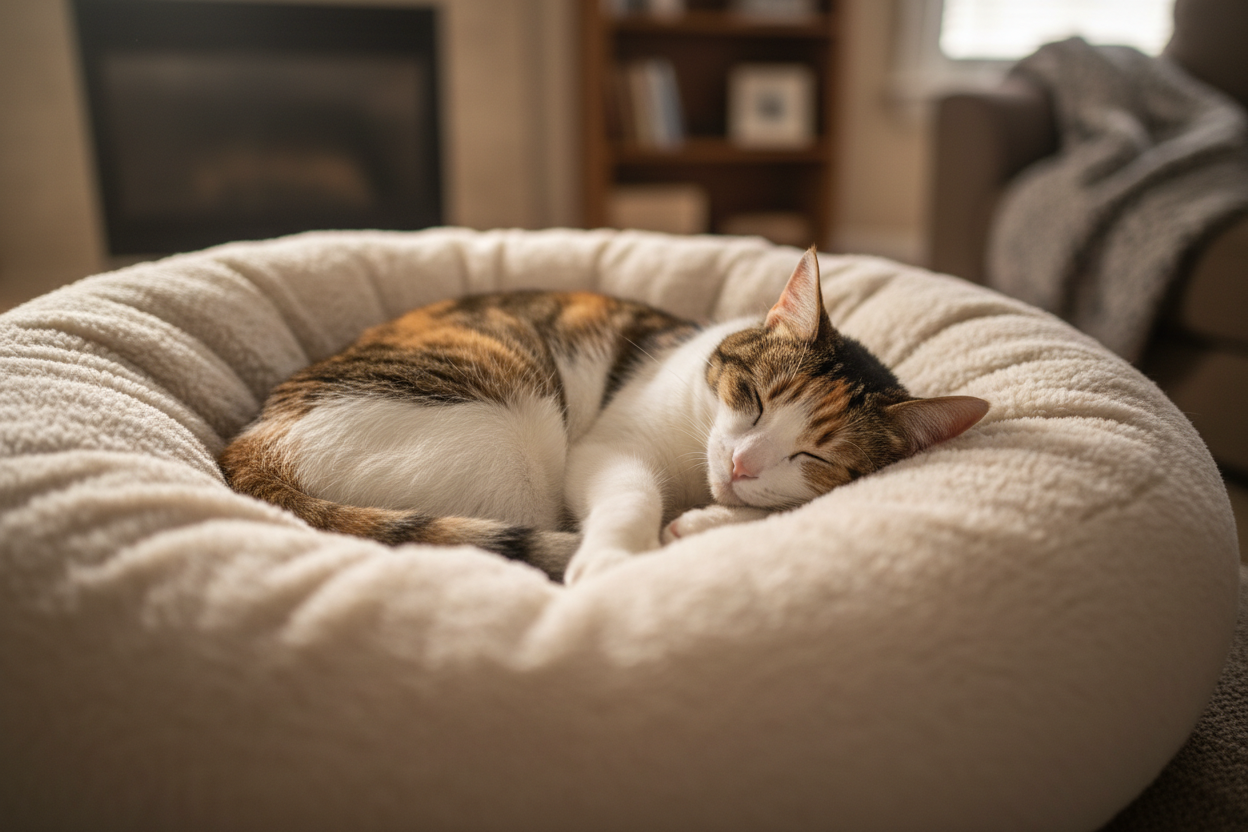 a cat sleeping in a donut bed